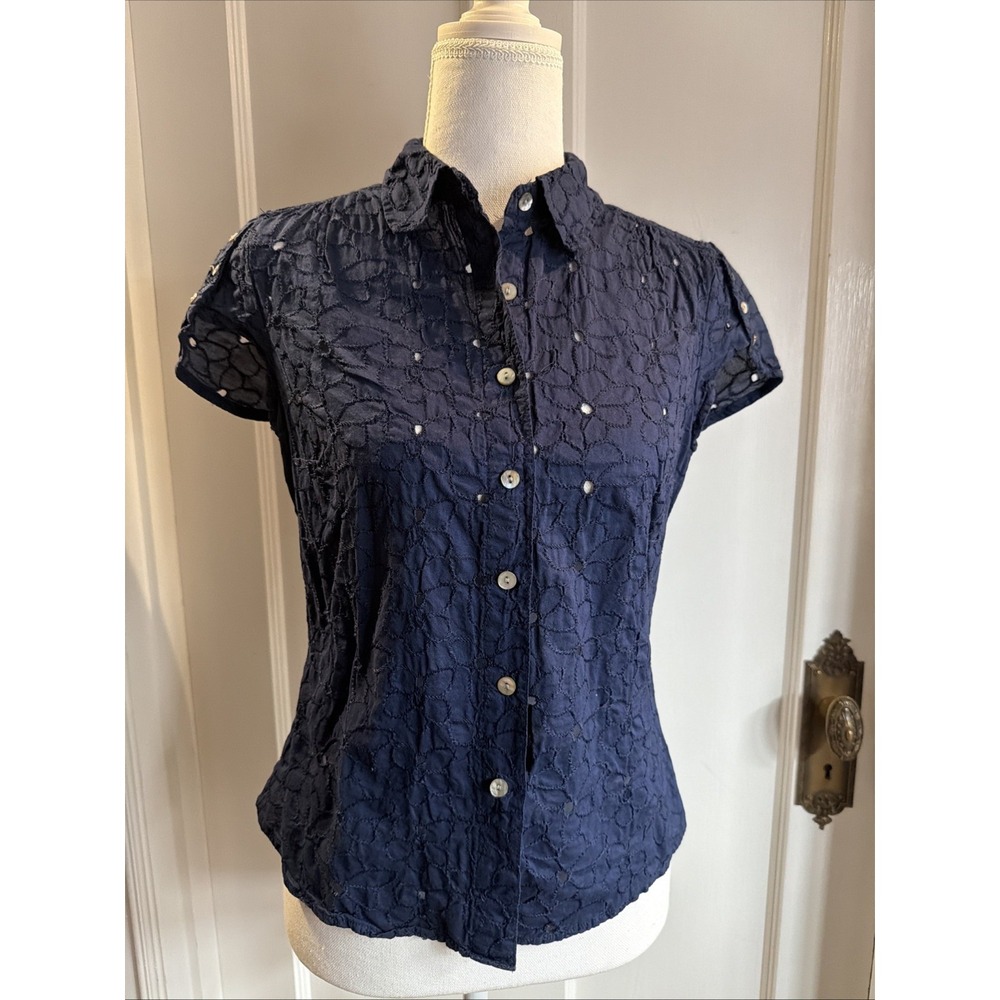 Isaac Mizrahi X Target Navy Blue Eylet Button Up‎ Shirt Size M